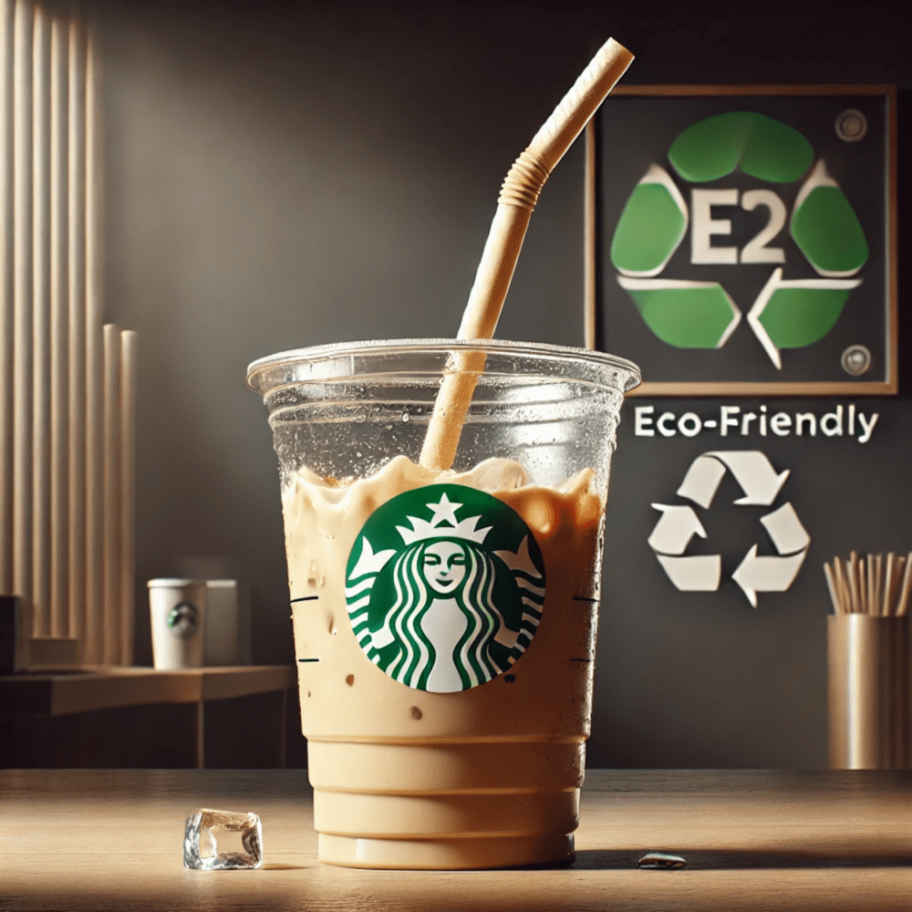 AI generated image of a starbucks iced coffee with a eco-friendly straw