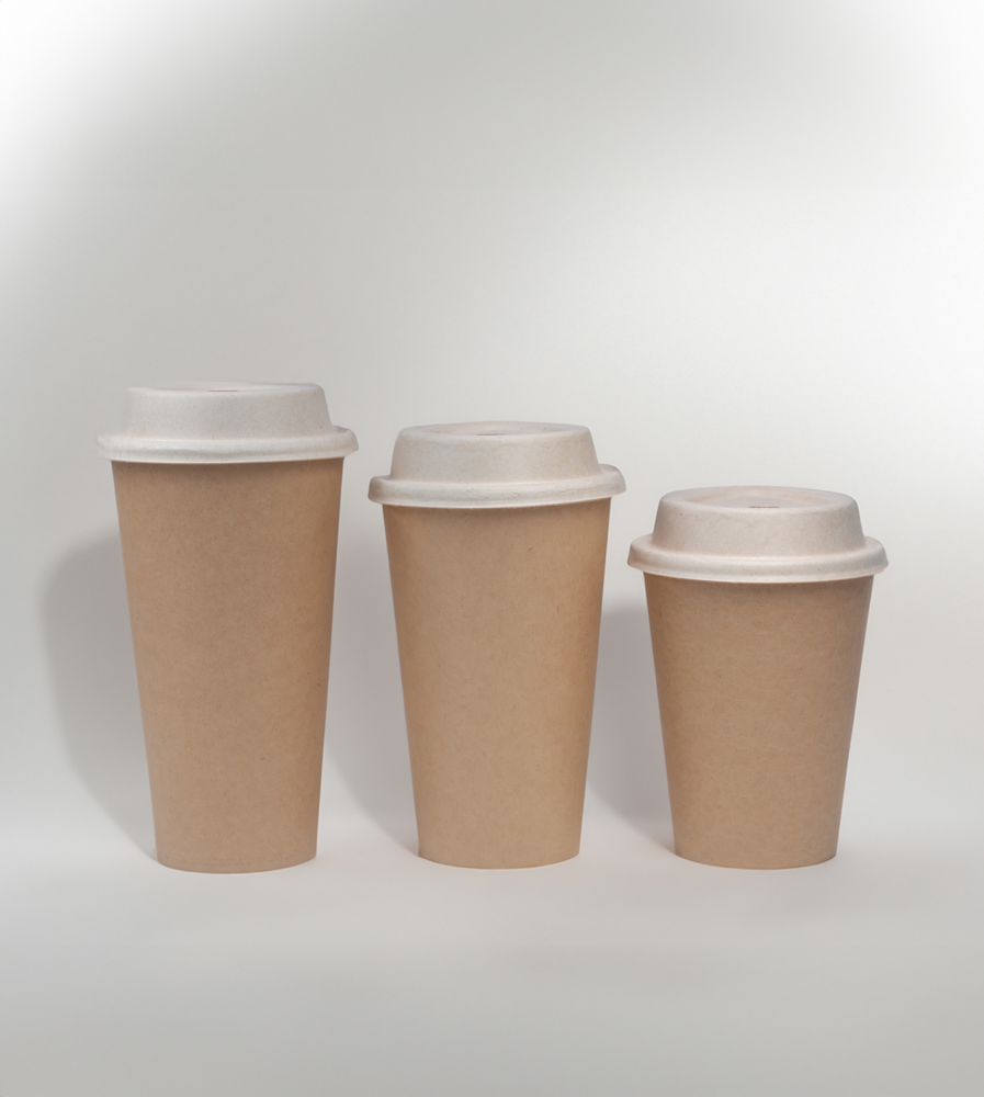 Three compostable fiber cups 12oz, 16oz, 20oz, with coffee lids