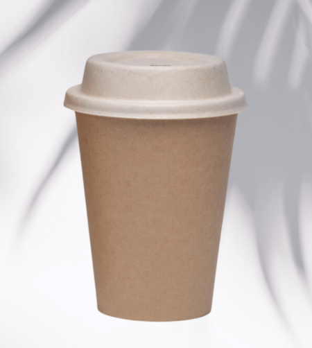 12 ounce Plant-based compostable coffee lid and cup made from upcycled hemp fiber, perfect for disposable hot beverage cups.