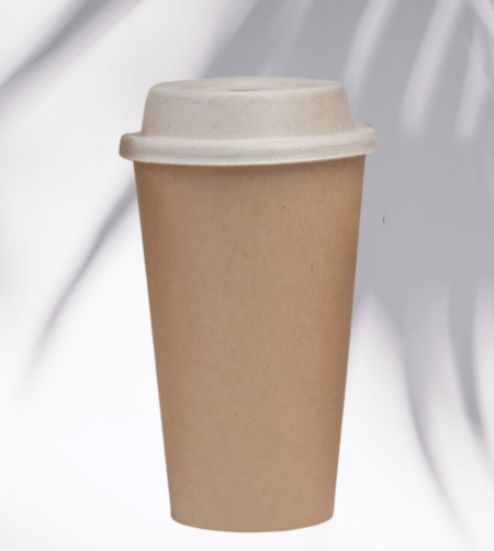 16 ounce Plant-based compostable coffee lid and cup made from upcycled hemp fiber, perfect for disposable hot beverage cups.