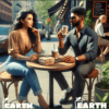 Young African American man and Persian woman enjoying a deep conversation over coffee and crullers on a sunny city corner. The table features sustainable packaging, including eco-friendly fiber coffee cups and takeout supplies, highlighting a commitment to environmentally conscious practices.