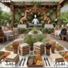 Outdoor catering event with jungle-like, plant-based decor featuring a multicultural group of well-dressed people enjoying meals. The head chef, with a satisfied smile and light brown eyes, oversees plates of steak and chicken. The table displays dark brown utensils, drinking straws, and sustainable packaging, including 6-inch square clamshell boxes, fiber cups, and bowls with lids. The setting highlights refinement, culture, and environmental sustainability.