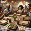 Multiracial group in a fine dining restaurant enjoying conversation around a table with sustainable packaging, including brown fiber clamshell boxes, pulp takeout bowls, and opaque fiber cups with hemp straws. Highlights eco-friendly alternatives to plastic for restaurants