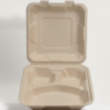 Plant-based compostable 8" square clamshell box with 3 compartments, made from upcycled hemp fiber.