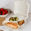 Plant-based compostable 8" square clamshell box with 3 compartments, made from upcycled hemp fiber.