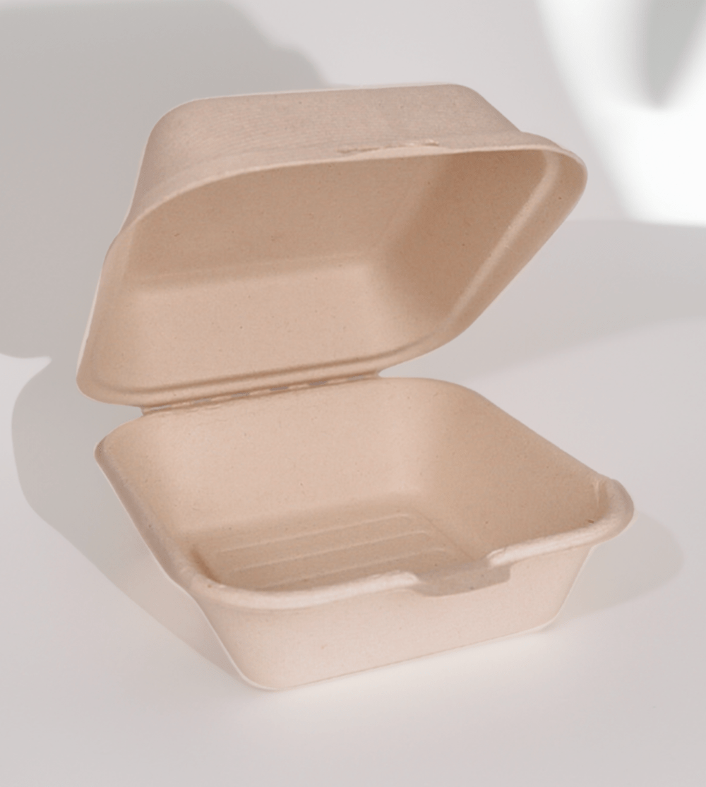 Compostable 450ml clamshell burger box made from upcycled hemp fiber for sustainable food packaging.