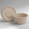 Compostable 2 oz sauce cup with a secure lid, made from upcycled hemp fiber for eco-friendly food service.