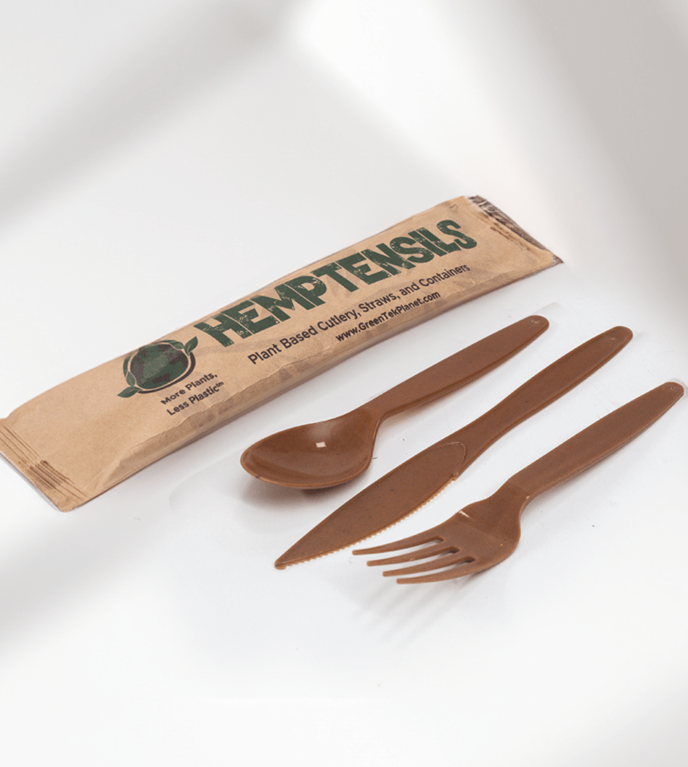 Compostable Hemp utensils in a custom printed kraft wrapper
